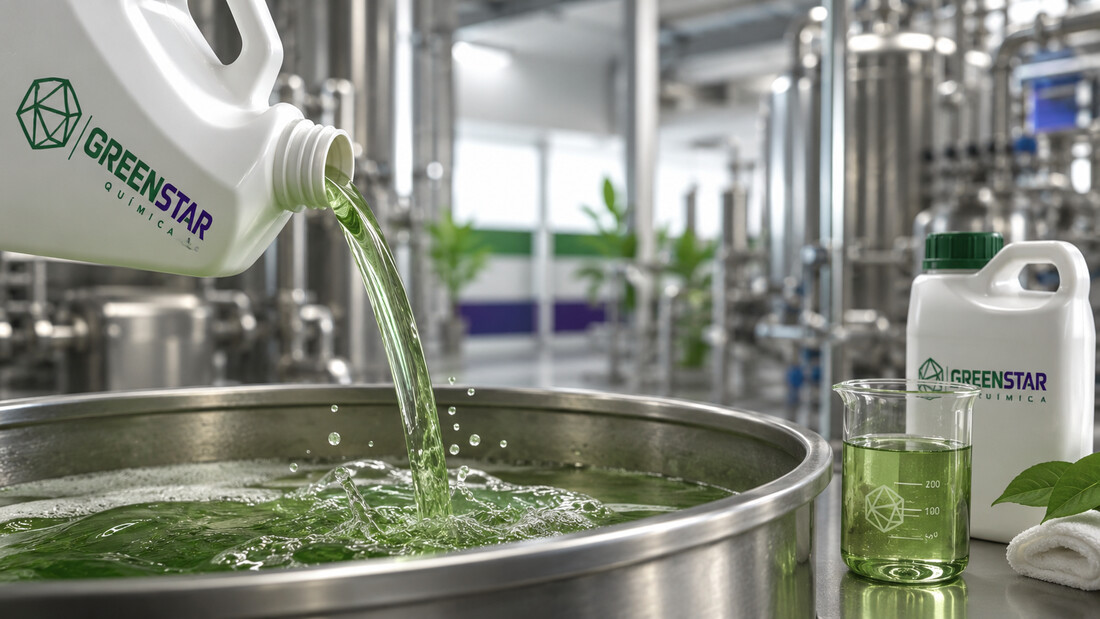 Produto GreenStar sendo vertido em recipiente, com fábrica ao fundo