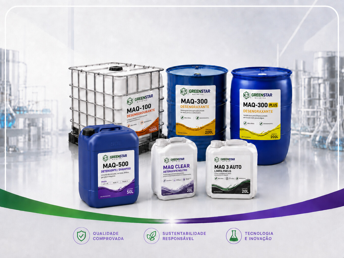 Embalagens da GreenStar Química: IBC de 1000L, bombonas de 200L e galões da linha MAQ e suprimentos industriais